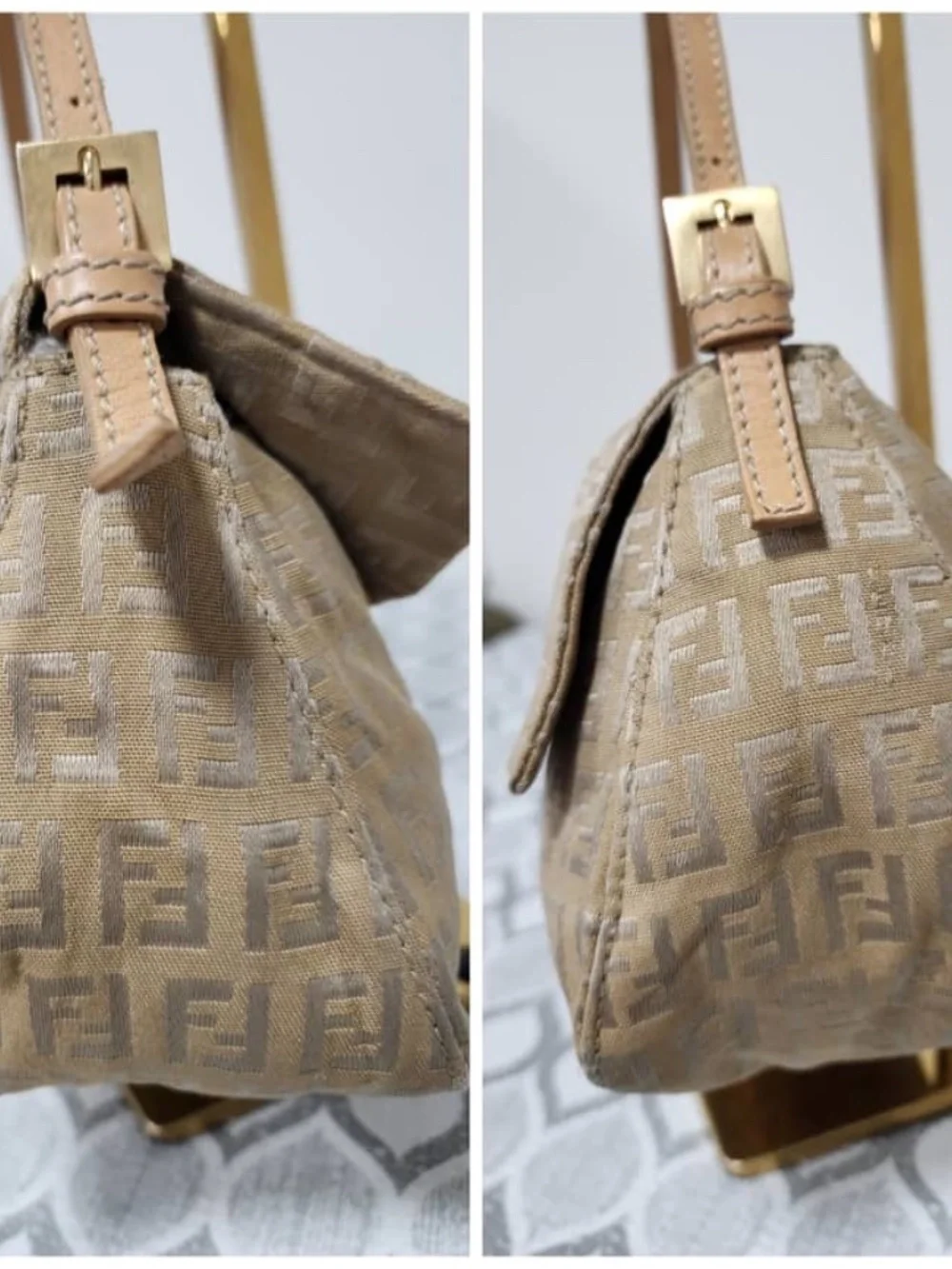 Authentic FENDI Metallic Zucchino Canvas Baguette Bag Gold/Beige